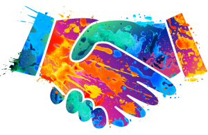illustration of hands in a handshake colored with bright splattered watercolors